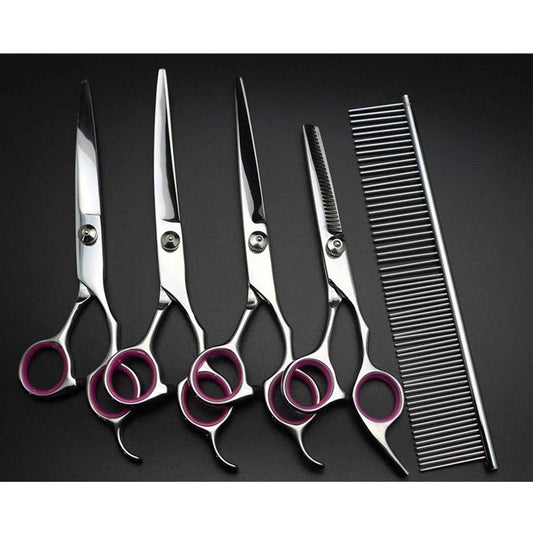 Behogar 5pcs Pet Dog Grooming Hair Comb Thinning Scissors Shears Straight Curved Animals Cutting Scissors Tool Kit w/Storage Bag