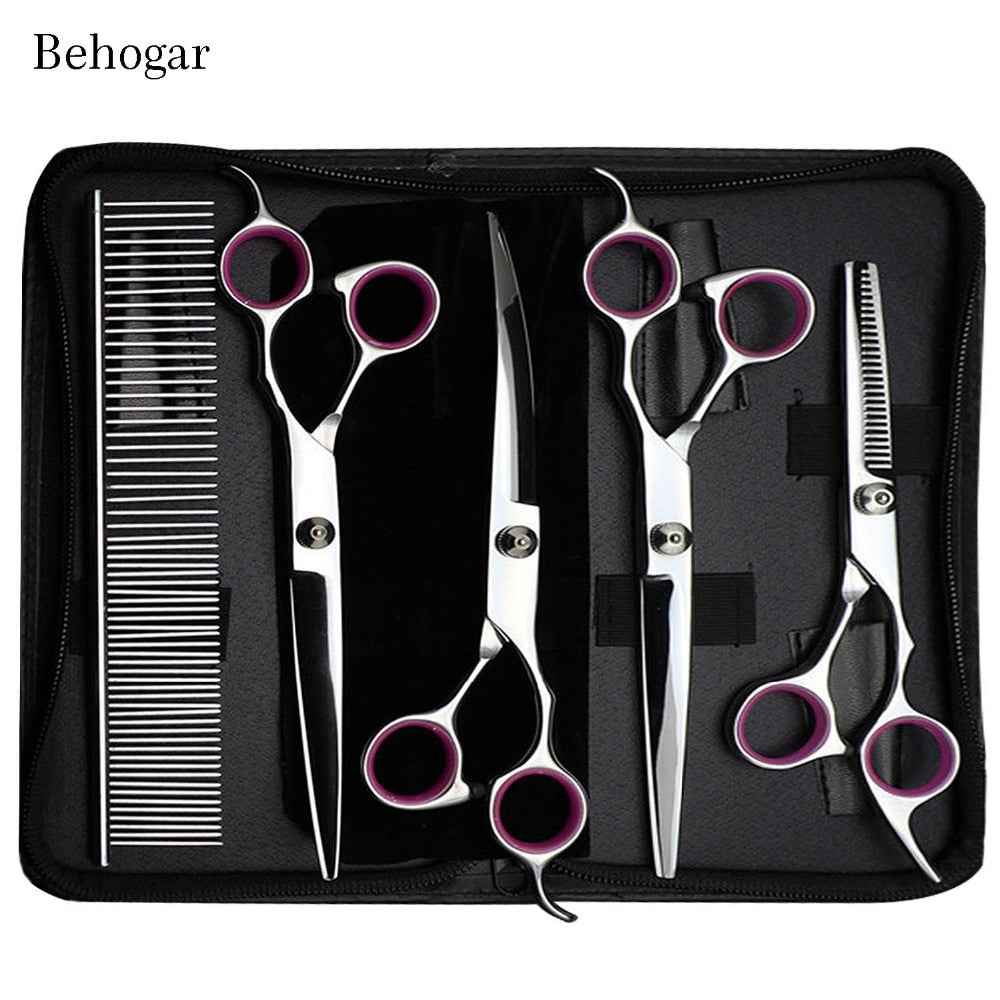 Behogar 5pcs Pet Dog Grooming Hair Comb Thinning Scissors Shears Straight Curved Animals Cutting Scissors Tool Kit w/Storage Bag