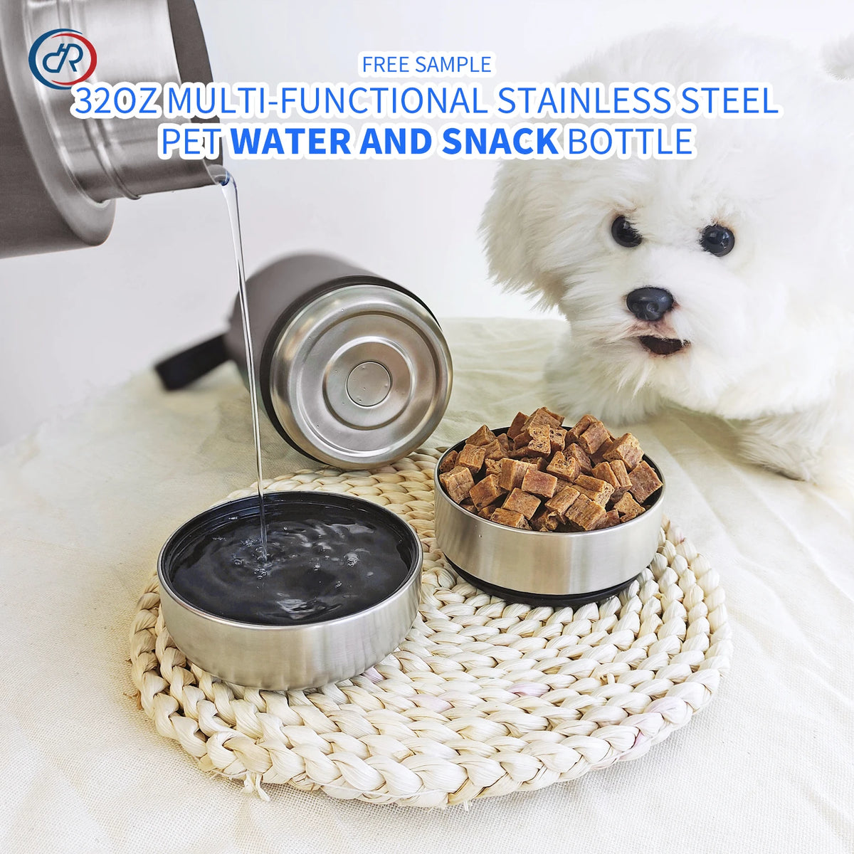 3-in-1 Stainless Steel Dog Water Bottle & Feeder (32oz/1L) - Large Capacity Travel Bowl for Hiking & Walking
