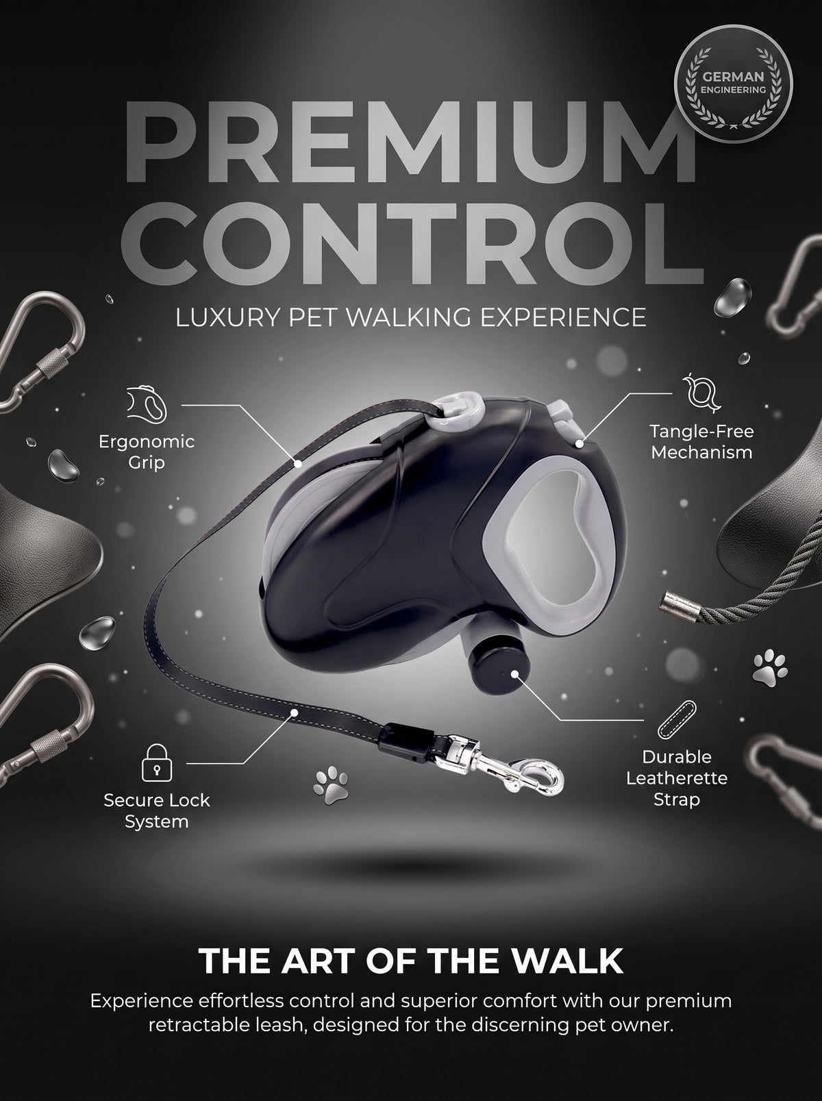 10M Heavy-Duty Retractable Dog Leash (110 lbs) with Waste Bag Dispenser – 360° Anti-Tangle