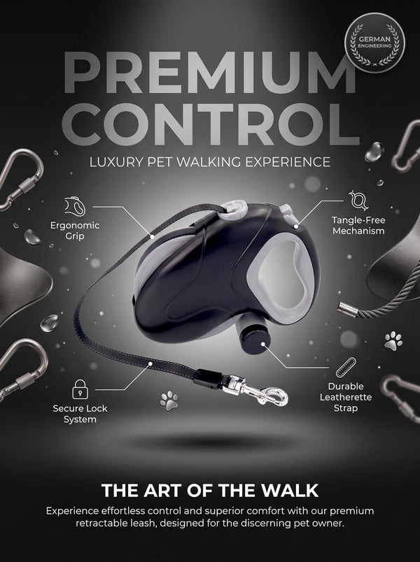 10M Heavy-Duty Retractable Dog Leash (110 lbs) with Waste Bag Dispenser – 360° Anti-Tangle