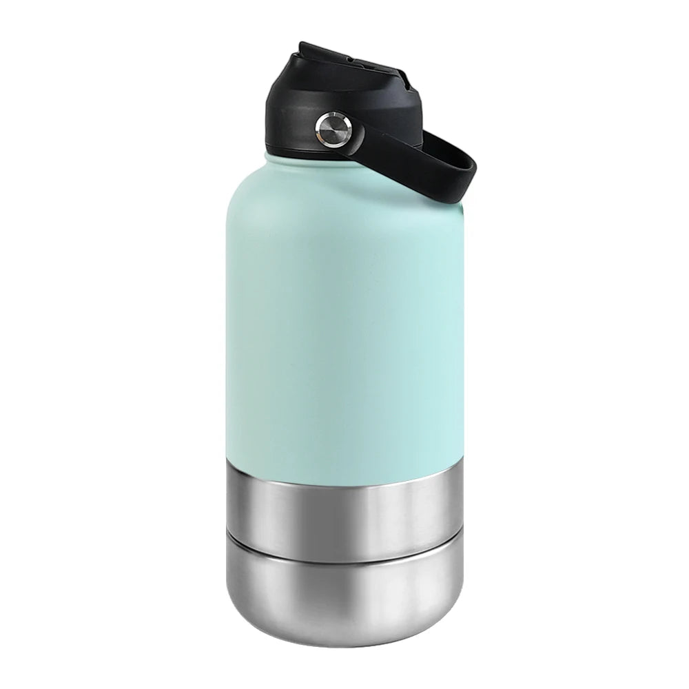 3-in-1 Stainless Steel Dog Water Bottle & Feeder (32oz/1L) - Large Capacity Travel Bowl for Hiking & Walking