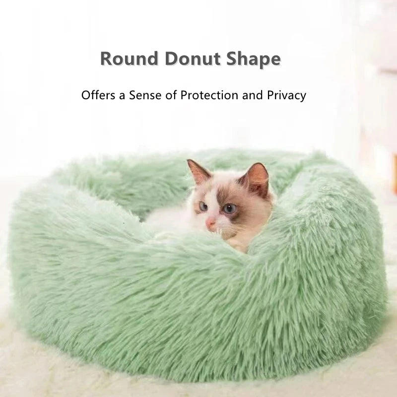 Soft Plush Donut Pet Bed for Cats & Small Dogs – Warm Faux Fur Calming Round Washable Bed