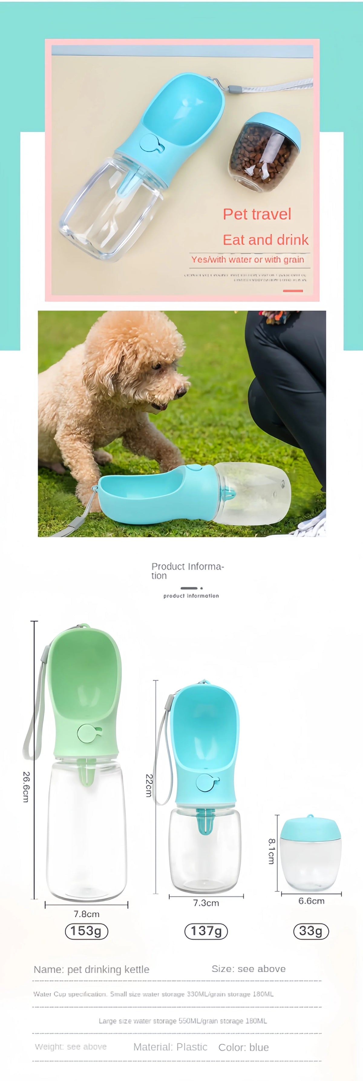 2-in-1 Portable Dog Water Bottle with Food Storage – Travel Feeder Bowl for Puppies & Small Dogs