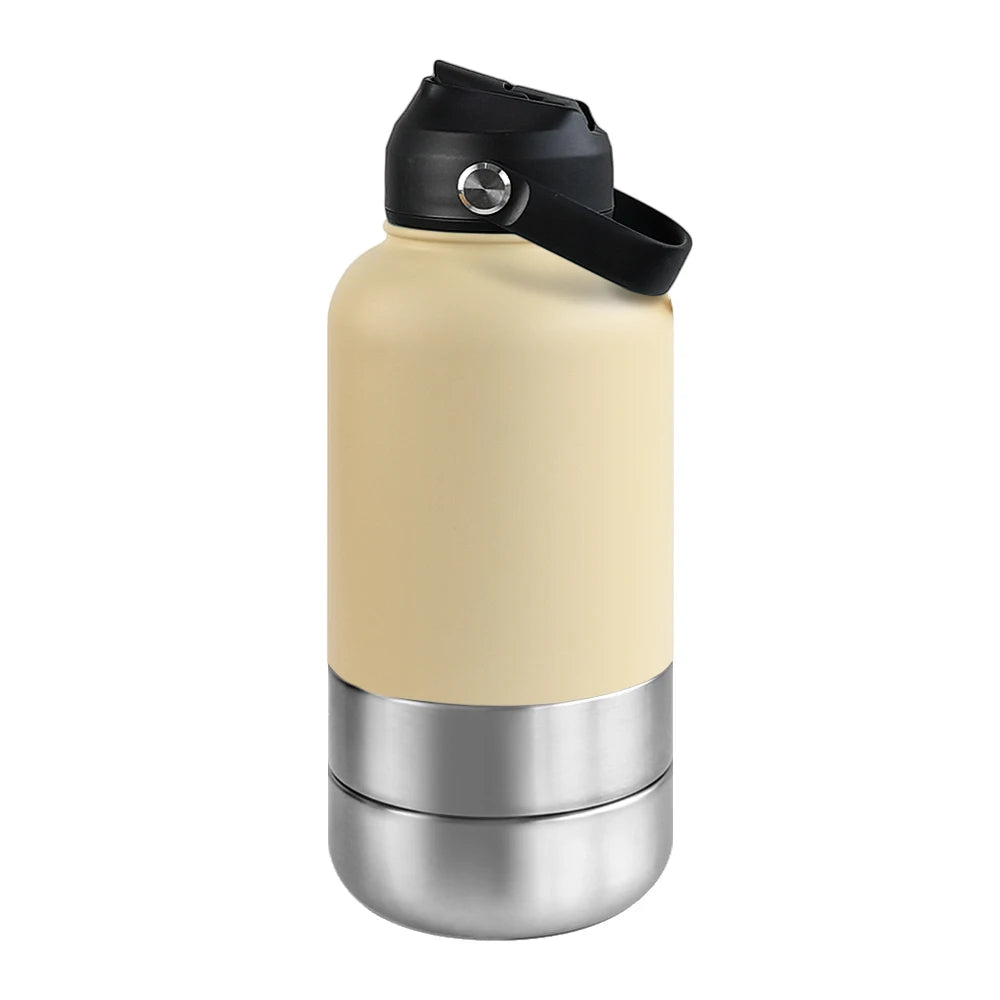 3-in-1 Stainless Steel Dog Water Bottle & Feeder (32oz/1L) - Large Capacity Travel Bowl for Hiking & Walking