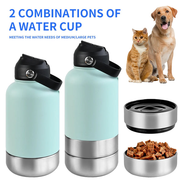 3-in-1 Stainless Steel Dog Water Bottle & Feeder (32oz/1L) - Large Capacity Travel Bowl for Hiking & Walking