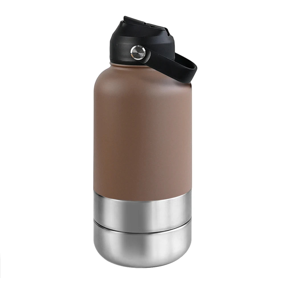 3-in-1 Stainless Steel Dog Water Bottle & Feeder (32oz/1L) - Large Capacity Travel Bowl for Hiking & Walking