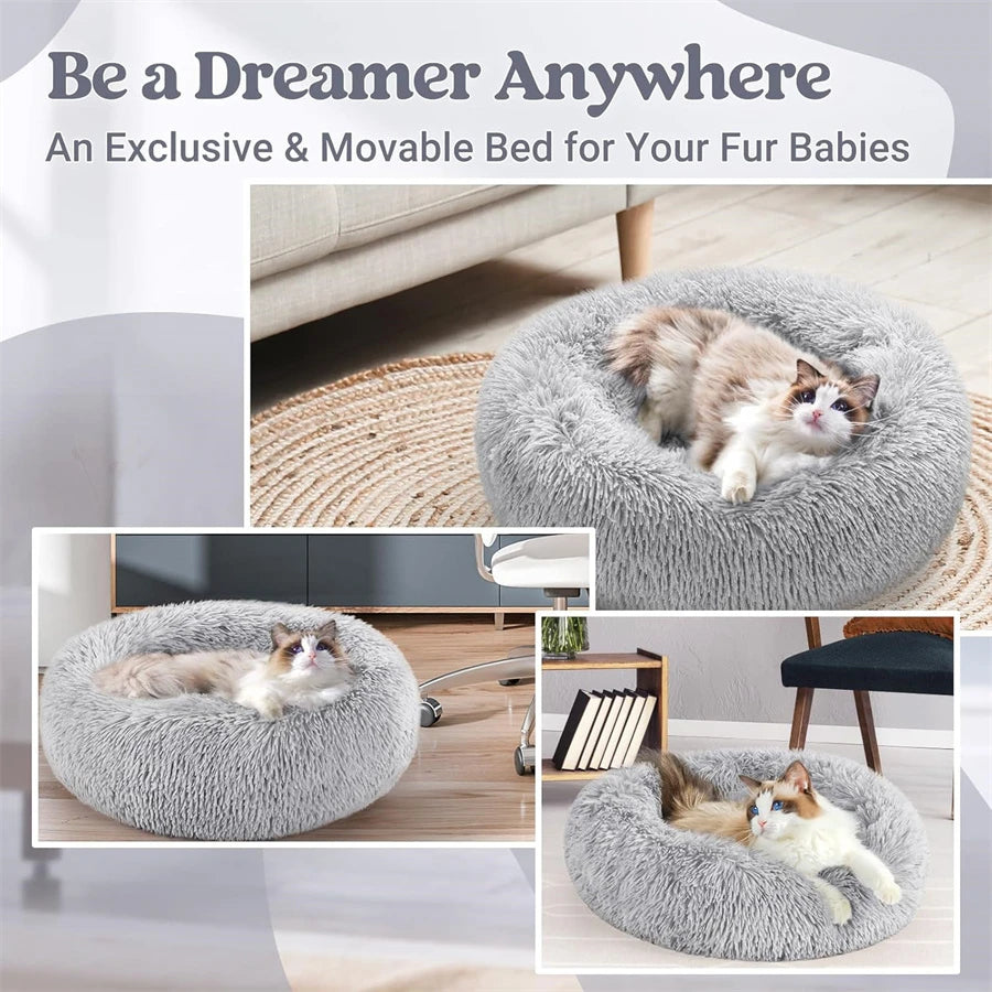 Soft Plush Donut Pet Bed for Cats & Small Dogs – Warm Faux Fur Calming Round Washable Bed