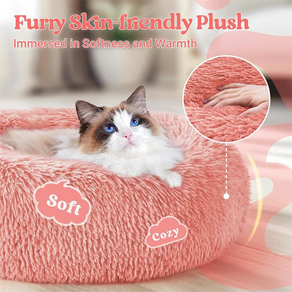 Soft Plush Donut Pet Bed for Cats & Small Dogs – Warm Faux Fur Calming Round Washable Bed