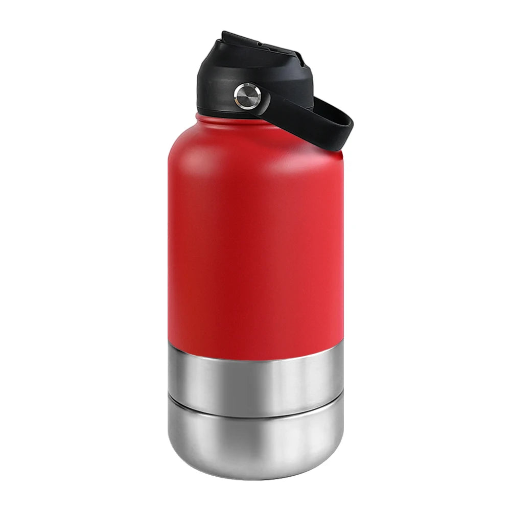 3-in-1 Stainless Steel Dog Water Bottle & Feeder (32oz/1L) - Large Capacity Travel Bowl for Hiking & Walking