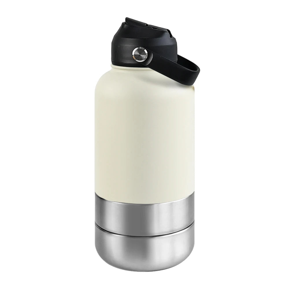 3-in-1 Stainless Steel Dog Water Bottle & Feeder (32oz/1L) - Large Capacity Travel Bowl for Hiking & Walking