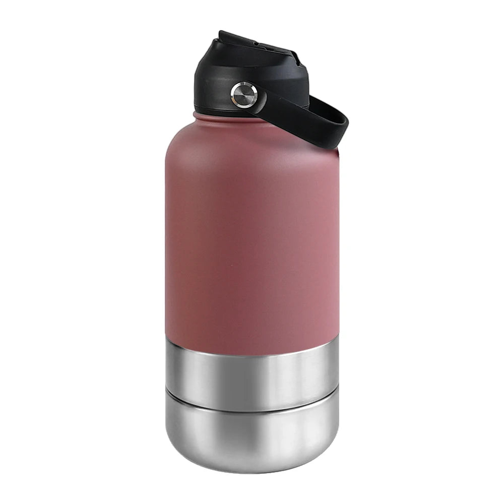 3-in-1 Stainless Steel Dog Water Bottle & Feeder (32oz/1L) - Large Capacity Travel Bowl for Hiking & Walking