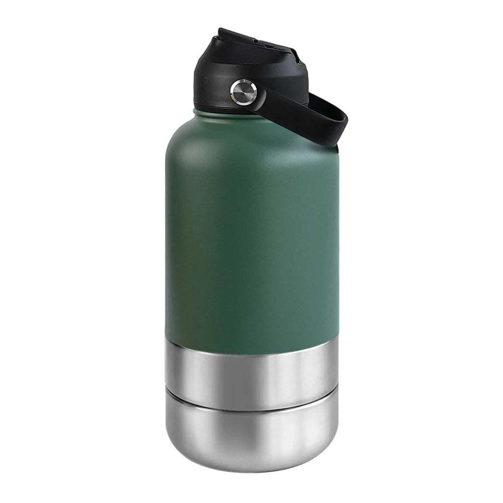 3-in-1 Stainless Steel Dog Water Bottle & Feeder (32oz/1L) - Large Capacity Travel Bowl for Hiking & Walking