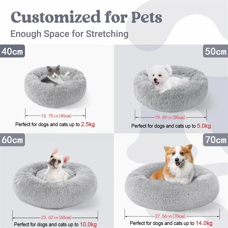 Soft Plush Donut Pet Bed for Cats & Small Dogs – Warm Faux Fur Calming Round Washable Bed