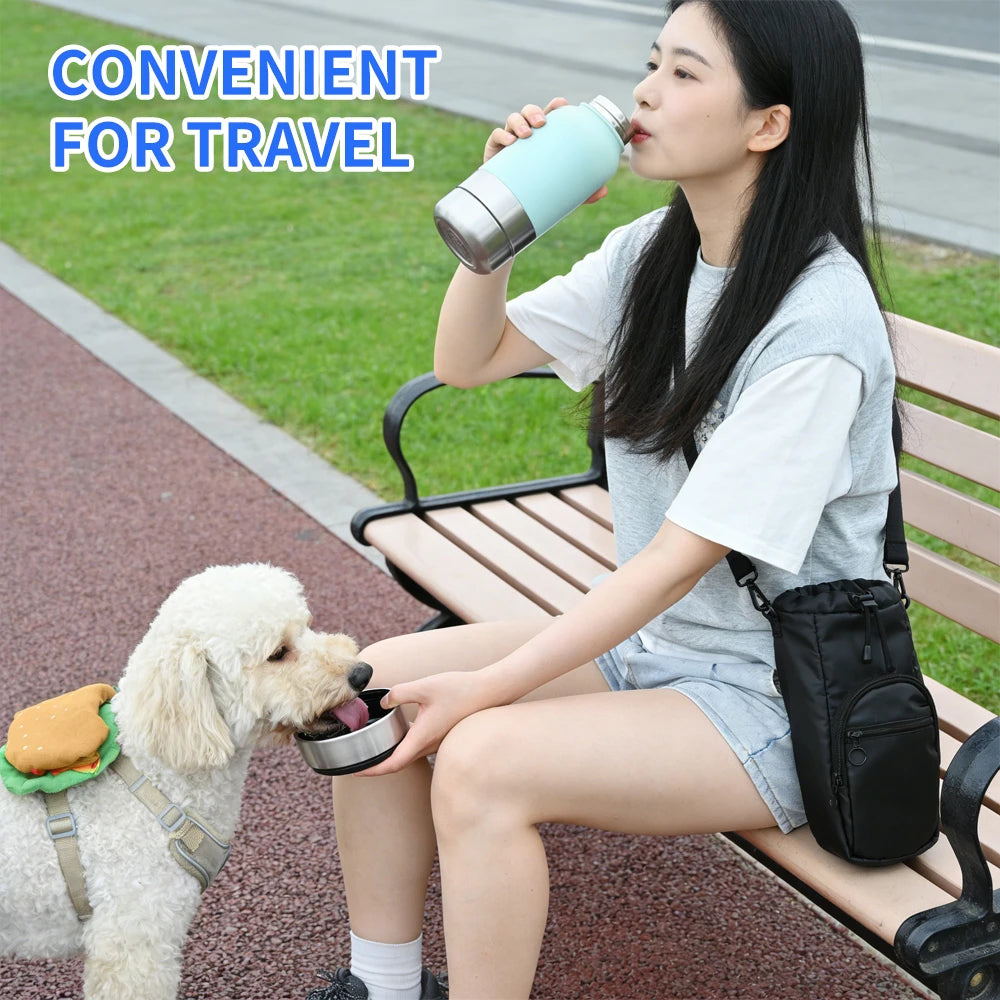 3-in-1 Stainless Steel Dog Water Bottle & Feeder (32oz/1L) - Large Capacity Travel Bowl for Hiking & Walking