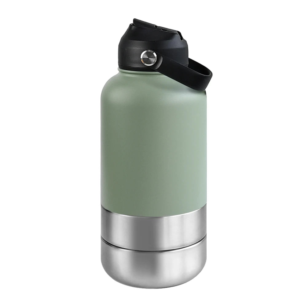 3-in-1 Stainless Steel Dog Water Bottle & Feeder (32oz/1L) - Large Capacity Travel Bowl for Hiking & Walking