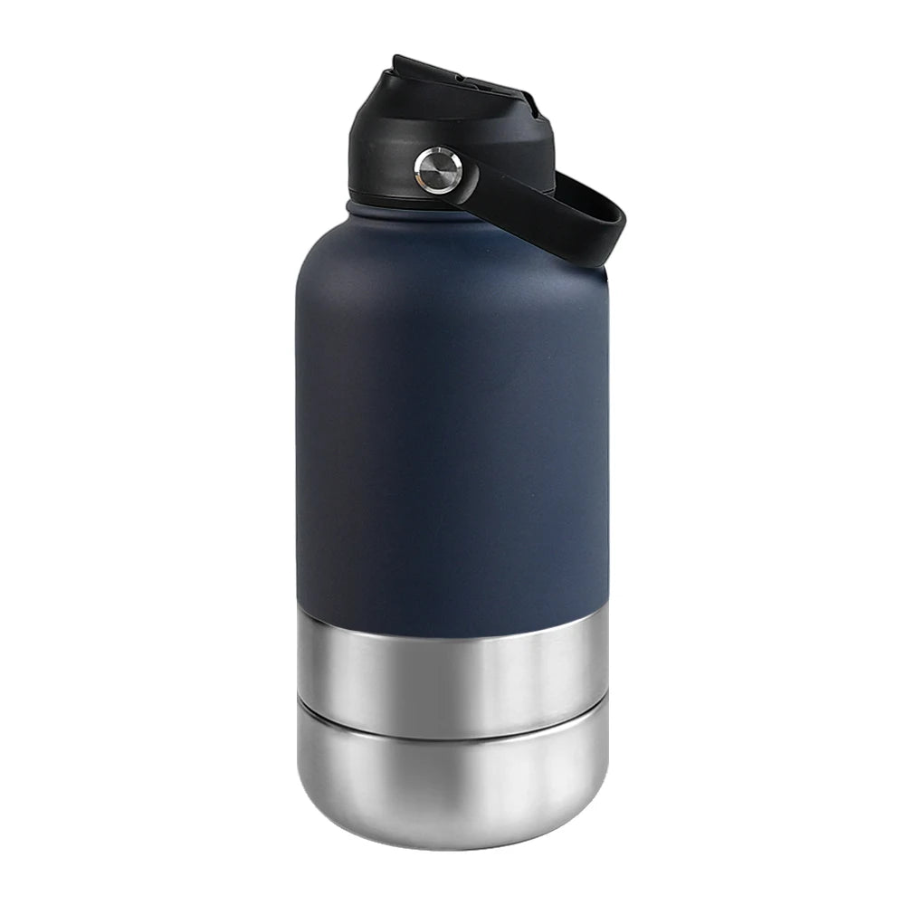 3-in-1 Stainless Steel Dog Water Bottle & Feeder (32oz/1L) - Large Capacity Travel Bowl for Hiking & Walking