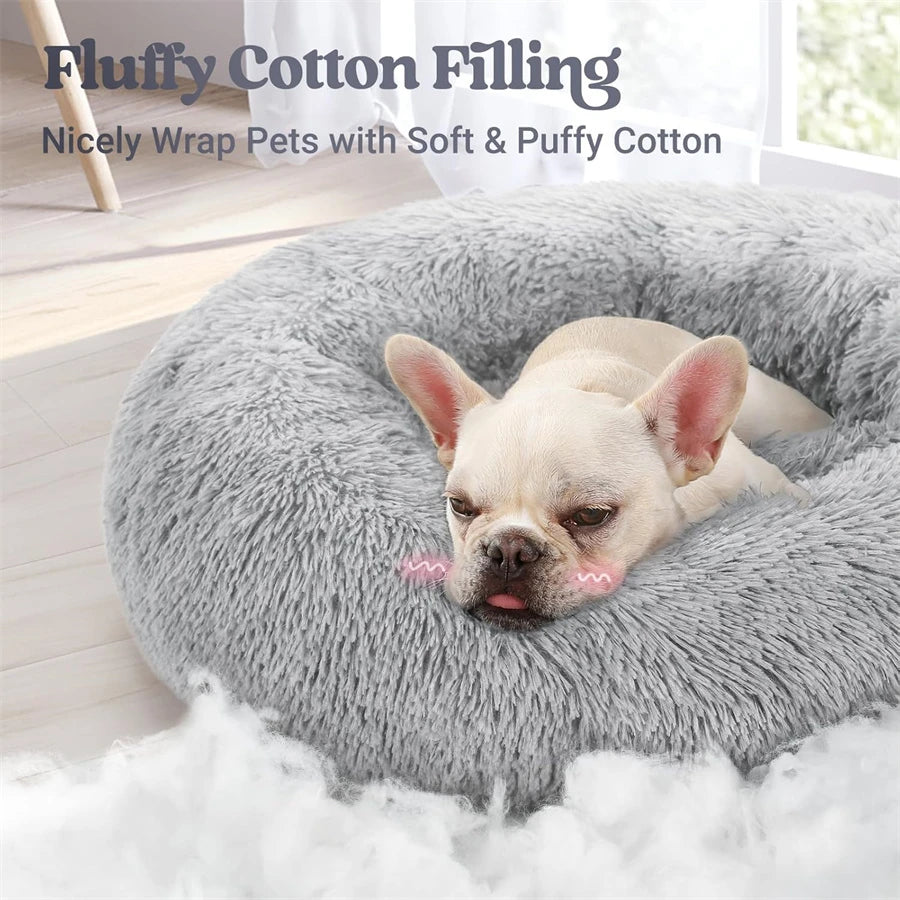 Soft Plush Donut Pet Bed for Cats & Small Dogs – Warm Faux Fur Calming Round Washable Bed