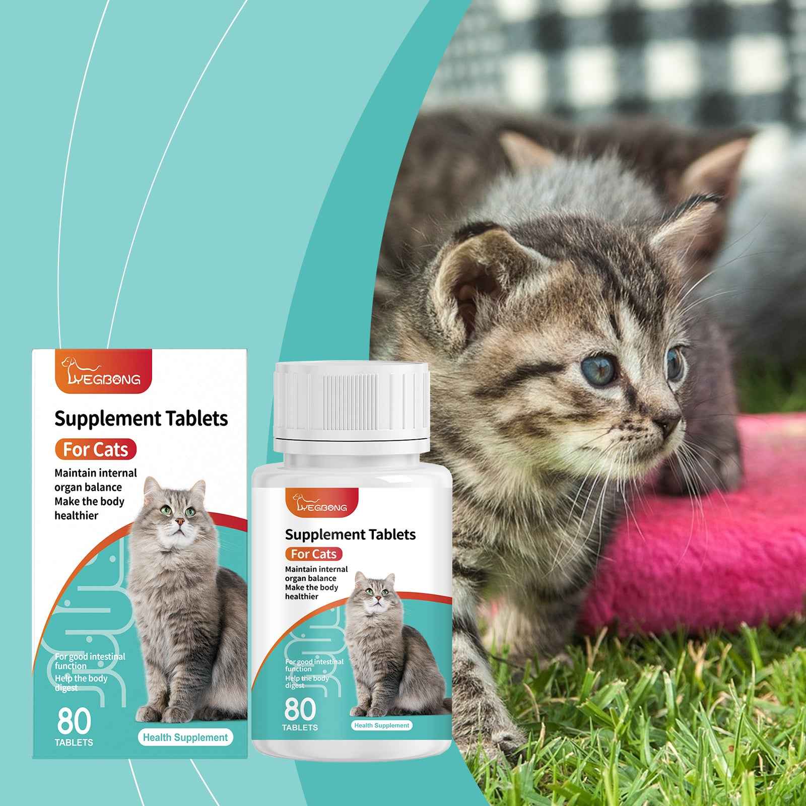 Cat Probiotic Supplement Tablets - Digestive & Gut Health Support with Vitamin B2 & Selenium, Immune, Skin & Vision Care, 80 Tablets