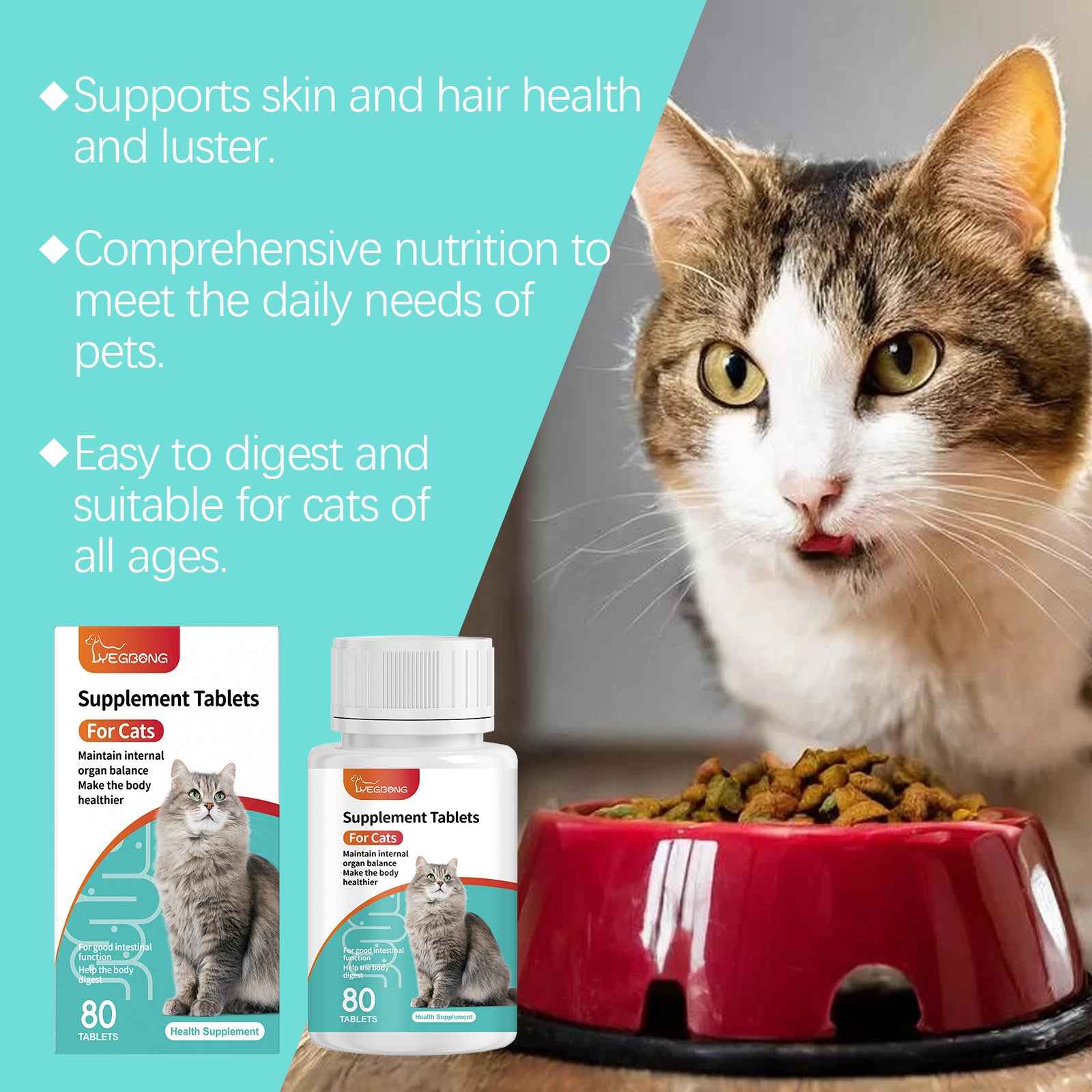 Cat Probiotic Supplement Tablets - Digestive & Gut Health Support with Vitamin B2 & Selenium, Immune, Skin & Vision Care, 80 Tablets