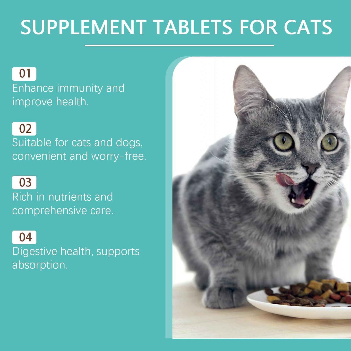 Cat Probiotic Supplement Tablets - Digestive & Gut Health Support with Vitamin B2 & Selenium, Immune, Skin & Vision Care, 80 Tablets