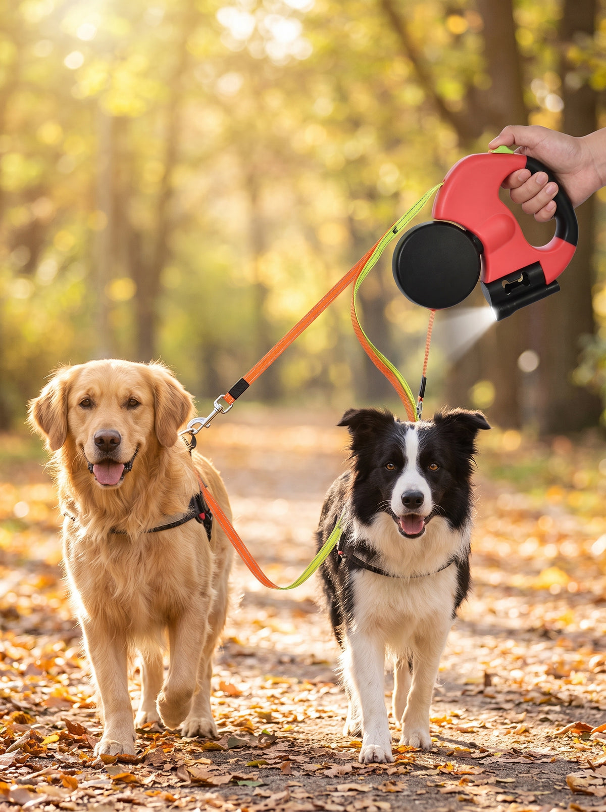 Dual Retractable Dog Leash for 2 Dogs (3M/10ft) - 360° No-Tangle Double Pet Lead with LED Flashlight
