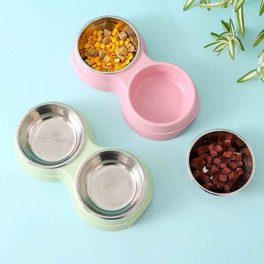Double Pet Bowls for Food and Water | Stainless Steel Removable Dishes with No-Spill Station for Cats, Puppies, and Small Dogs