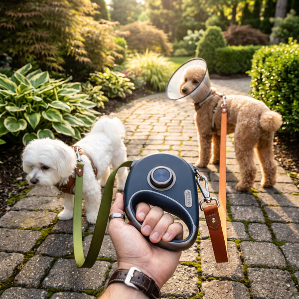 Dual Retractable Dog Leash for 2 Dogs (3M/10ft) - 360° No-Tangle Double Pet Lead with LED Flashlight