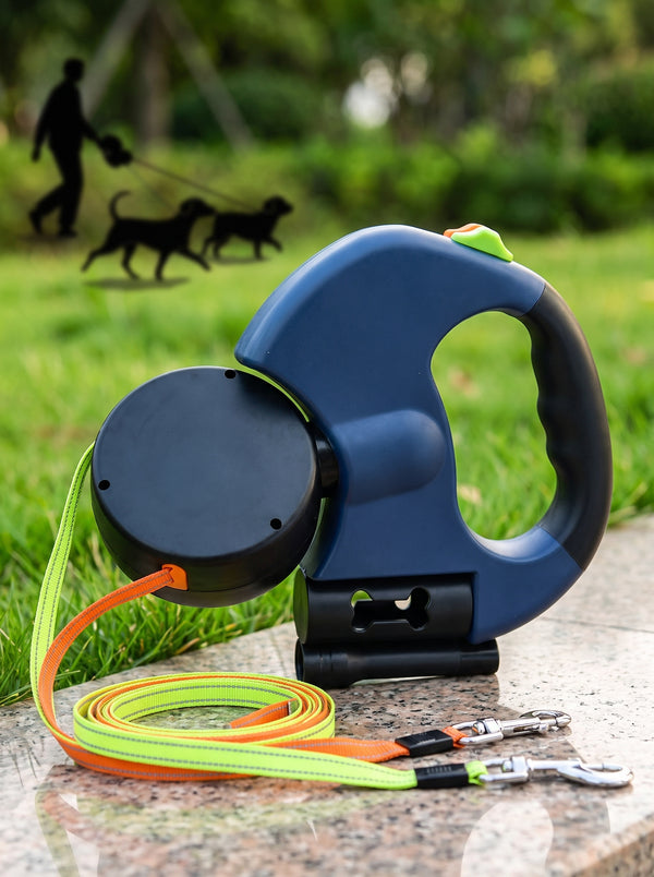 Dual Retractable Dog Leash for 2 Dogs (3M/10ft) - 360° No-Tangle Double Pet Lead with LED Flashlight